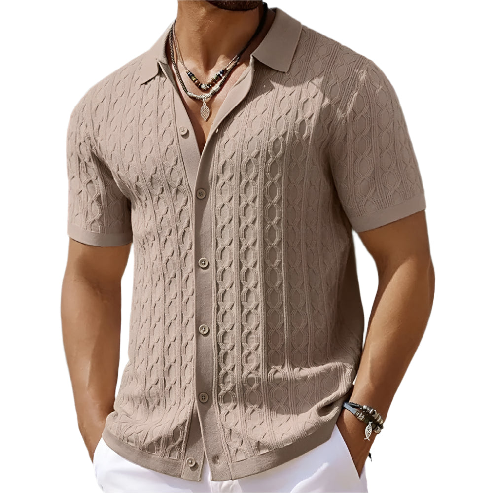 Modern men's textured polo top, short-sleeve & button-down collar. Elevates casual wear to smart casual spring style.