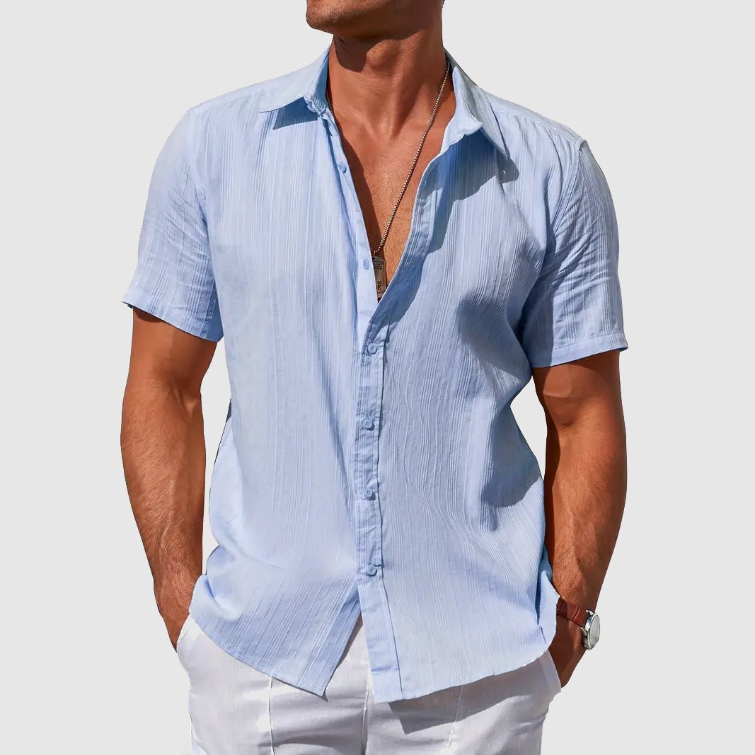 Men's textured short sleeve button-front top, ideal for casual summer wear.