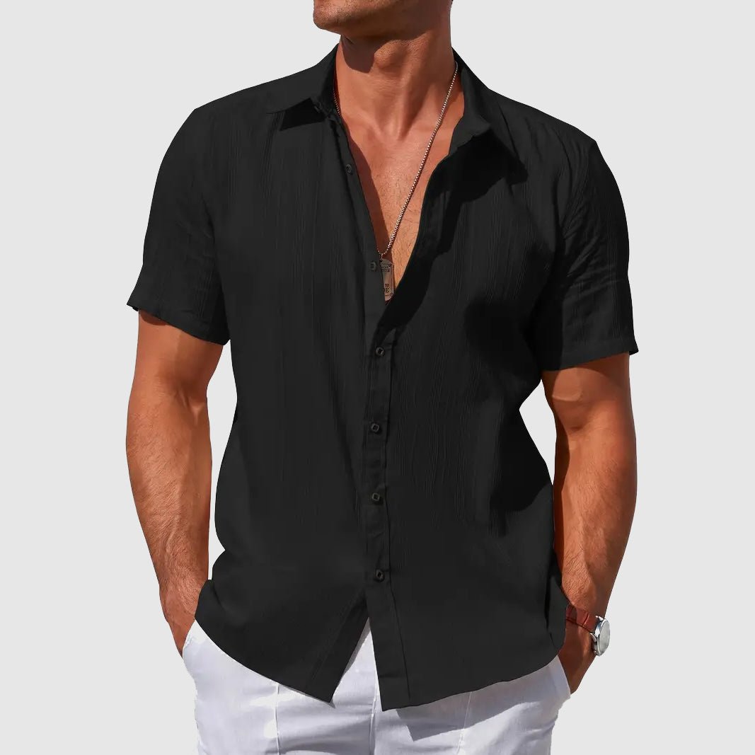 Men's regular fit textured short sleeve button top, a lightweight and casual summer essential.