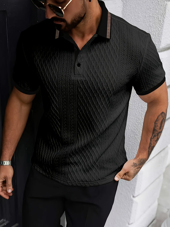 Men's textured short sleeve slim fit polo shirt in a classic, versatile style.