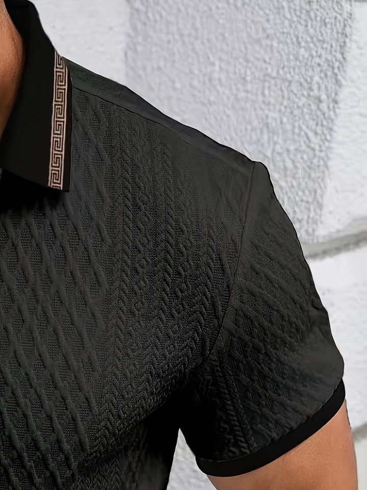 Stylish men's textured slim fit polo, perfect for smart casual summer fashion.