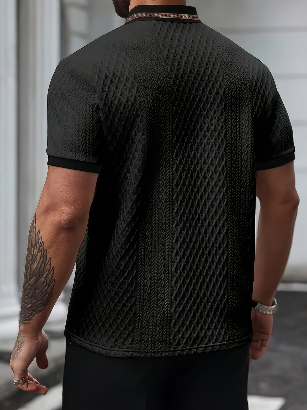 Breathable short sleeve textured polo for men, offering a comfortable slim fit.