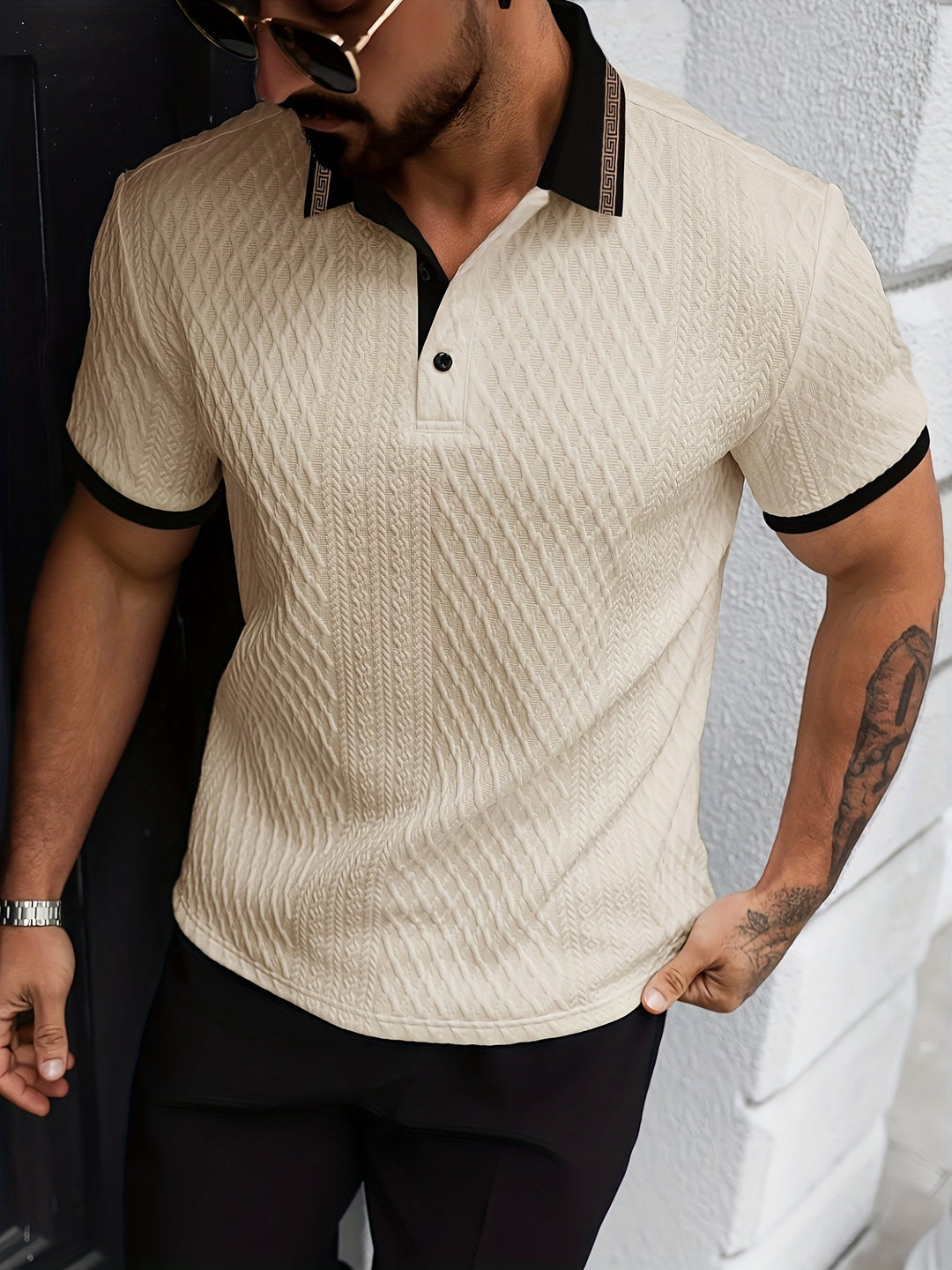 Versatile men's classic textured short sleeve polo, ideal for casual or smart-casual wear.