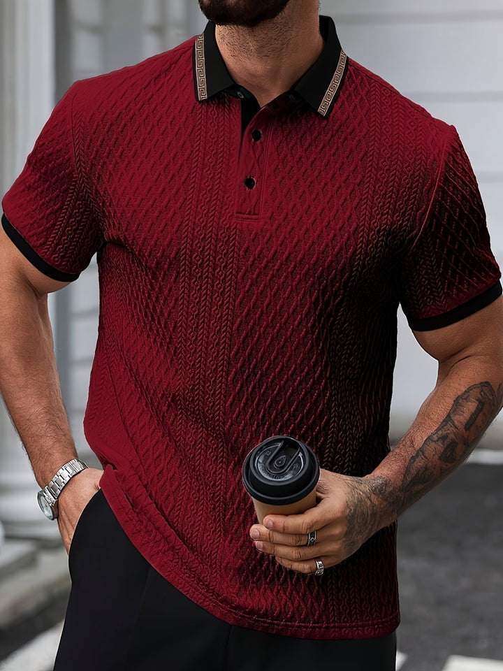 Model wearing a modern men's textured short sleeve slim fit polo, showcasing its comfortable cut.
