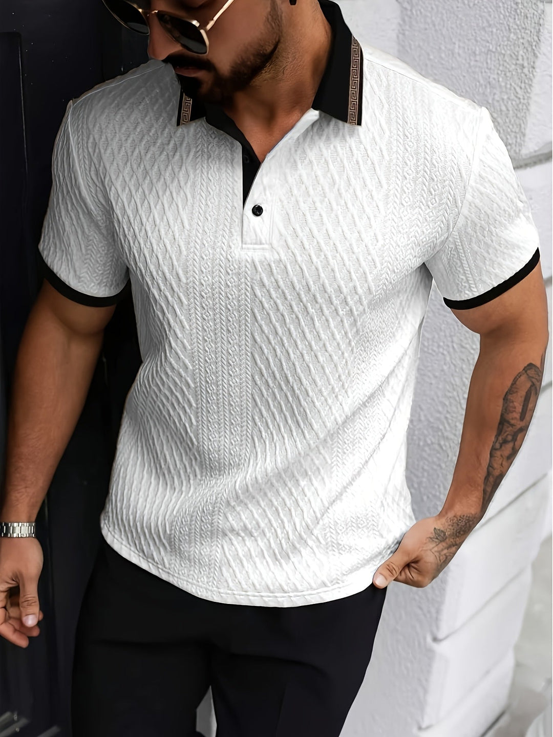 Men's slim fit casual polo shirt with stylish textured fabric & short sleeves for smart fashion.