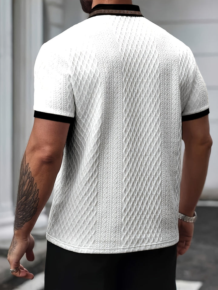Men's breathable textured short sleeve polo, a classic slim fit top for modern everyday style.