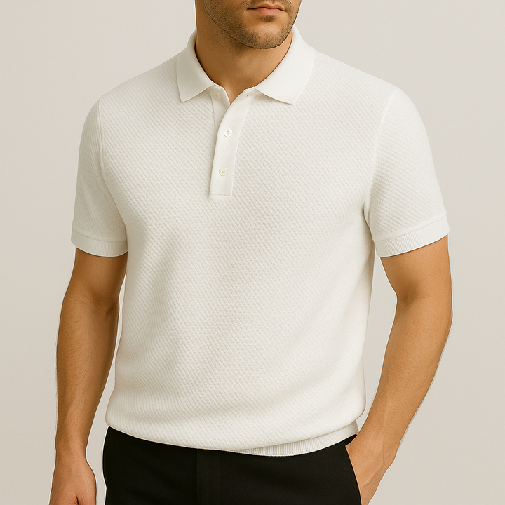 Men's textured tailored fit polo shirt, a smart casual short sleeve top with a classic button placket.