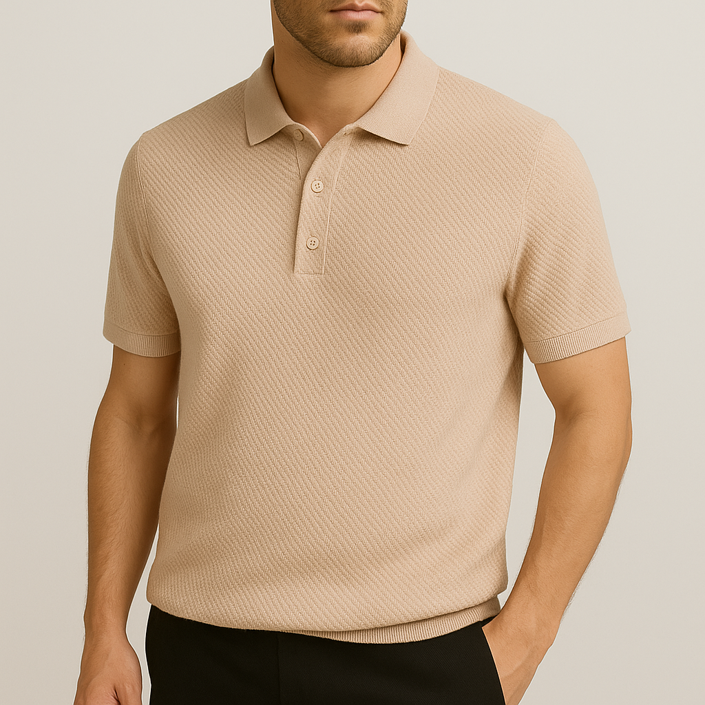 Close-up of men's sophisticated textured polo fabric, highlighting quality, modern style & comfort.