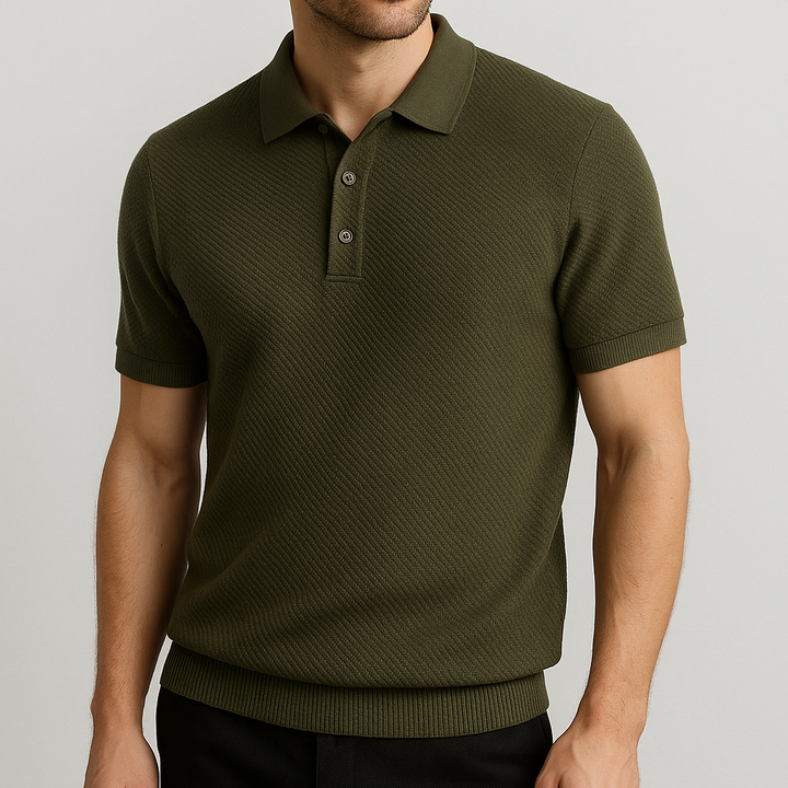 Man wearing a tailored fit textured polo, perfect for smart casual spring summer events & modern fashion.