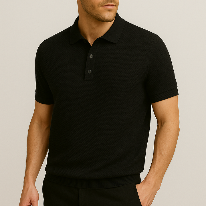 Detail of the button placket on a men's classic textured tailored fit polo, ideal for a sophisticated look.