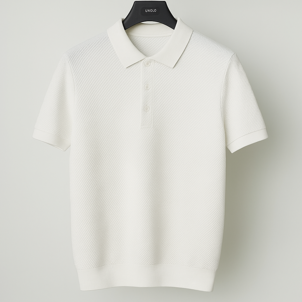 Front view of a men's modern textured polo shirt, tailored fit for comfortable, sophisticated spring summer wear.