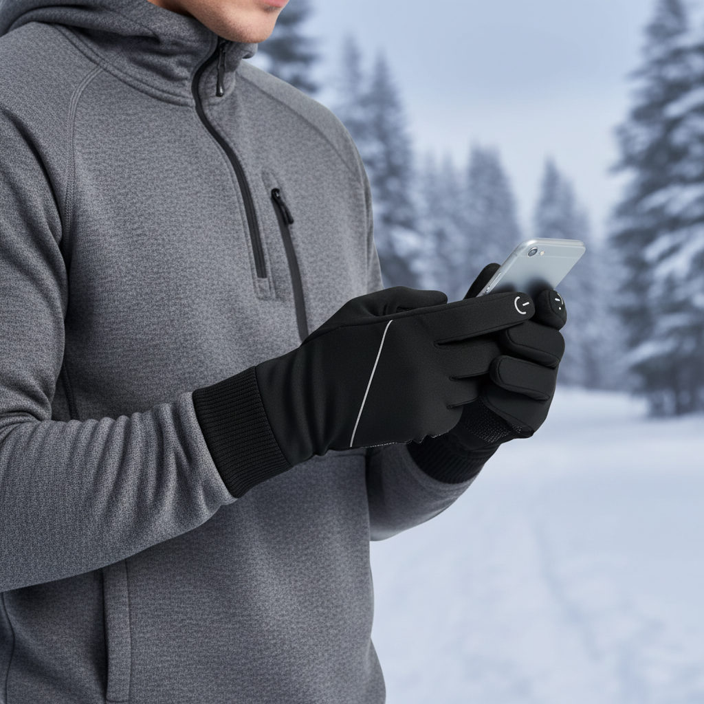Men's ThermoTouch winter touchscreen gloves for warmth & smartphone use in cold weather. Windproof outdoor gear.