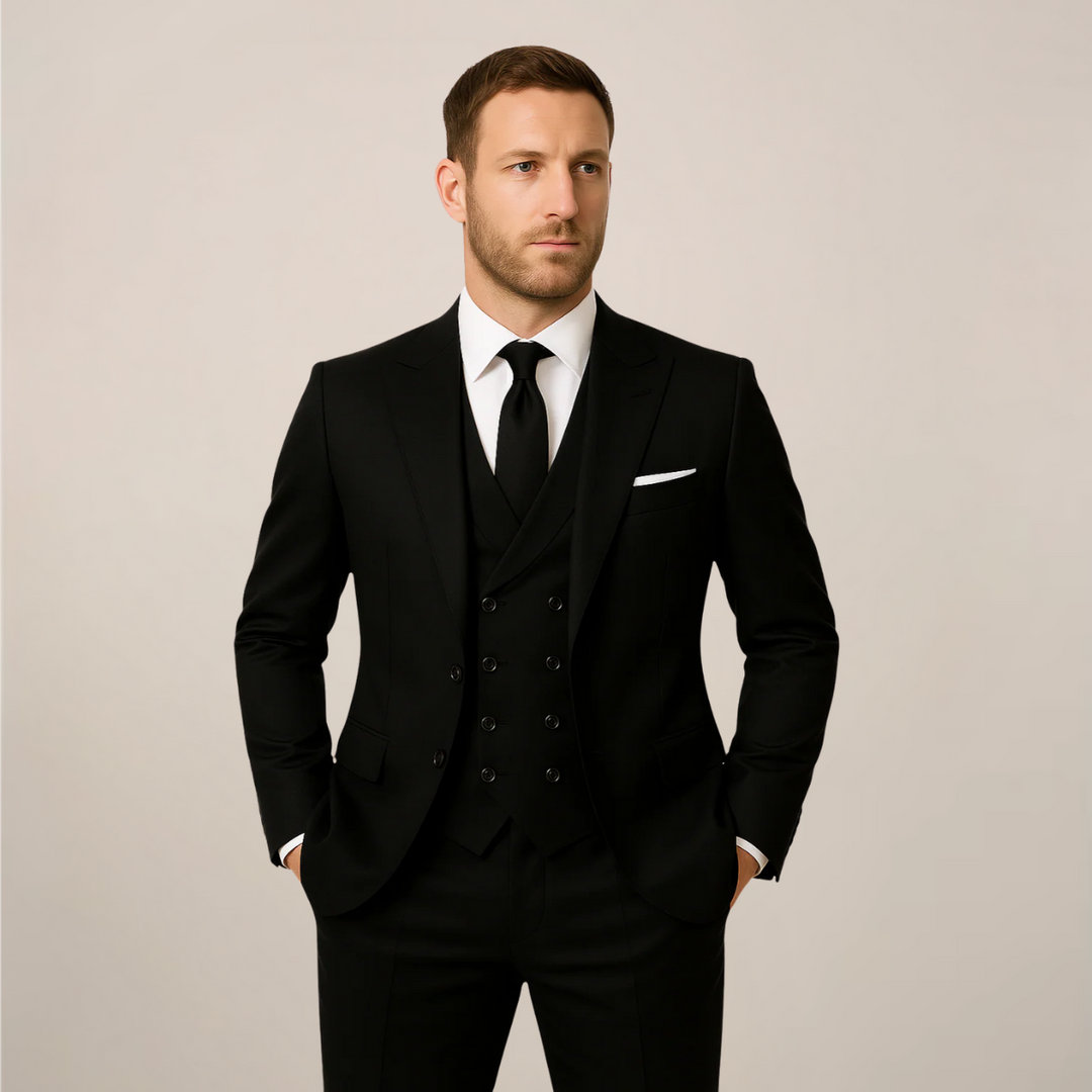 Men's three-piece dinner suit with contrast lapels, ideal for formal events, weddings & black-tie galas.