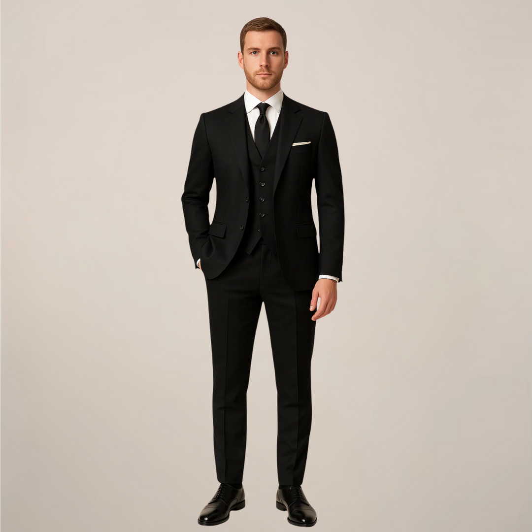 Elegant slim-fit men's three-piece dinner suit with contrast lapels, perfect for black-tie events & formal wear.