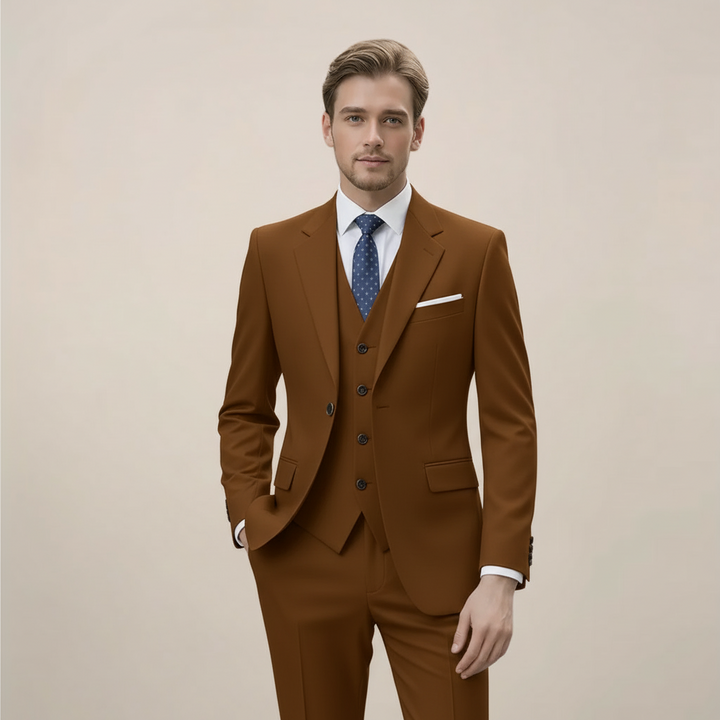 Men's three-piece slim fit suit, perfect for business meetings, weddings, and formal occasions. Elegant tailored look.