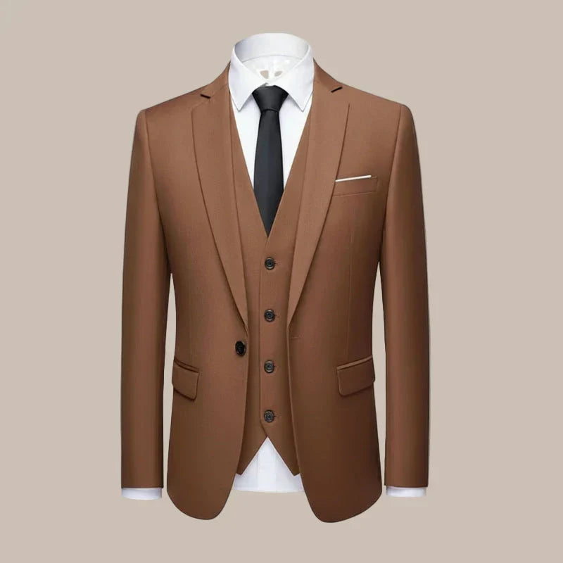 Stylish men's slim fit three-piece suit with jacket, vest, and trousers, ideal for formal business and wedding events.