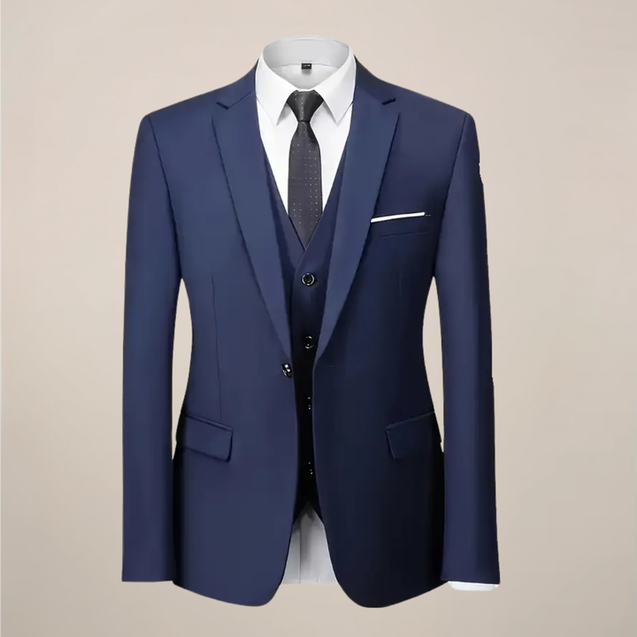 Modern men's slim fit suit, a three-piece tailored ensemble providing a sharp, elegant look for any formal attire.