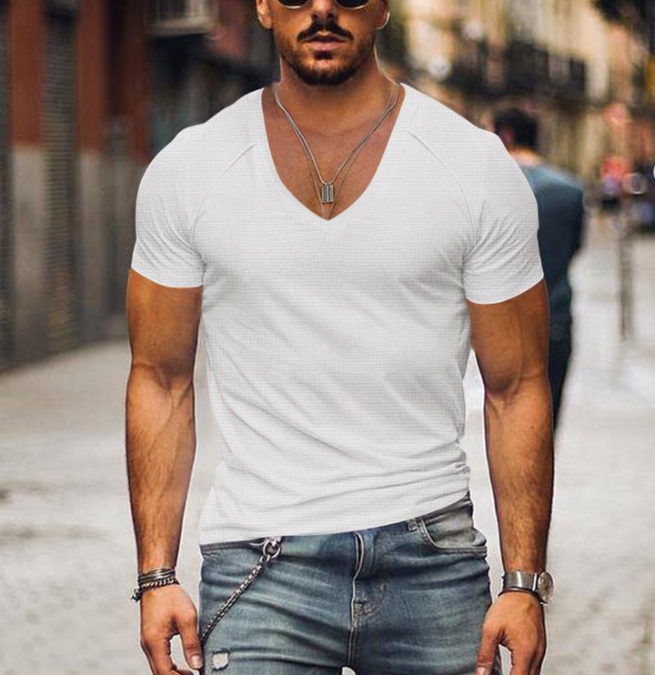 Stylish men's V-neck tee, perfect for casual summer style & versatile daily outfits.
