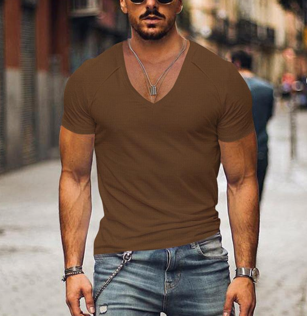 Man modeling a Men's Timo V-neck t-shirt, demonstrating the relaxed, regular fit & casual look.