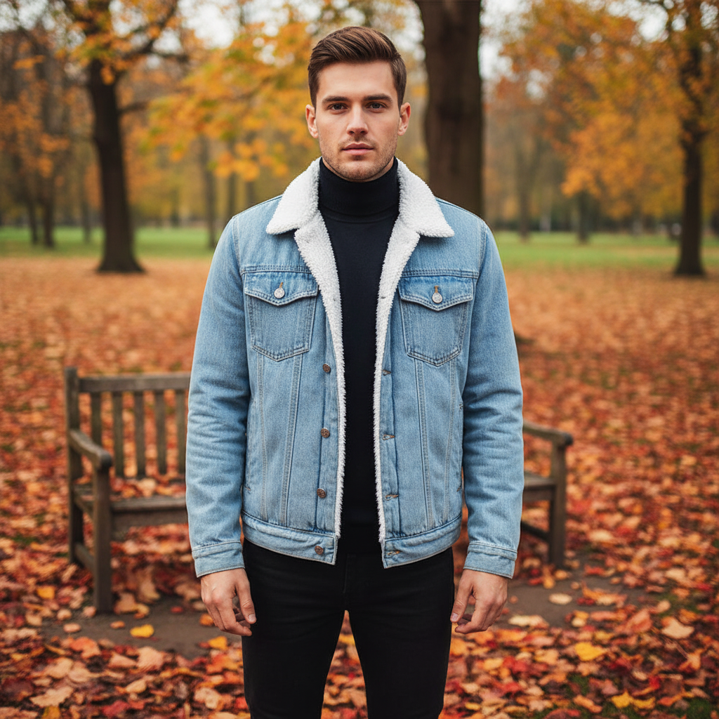 Men's Timur denim jacket with warm fleece lining, perfect for winter comfort and casual everyday wear.