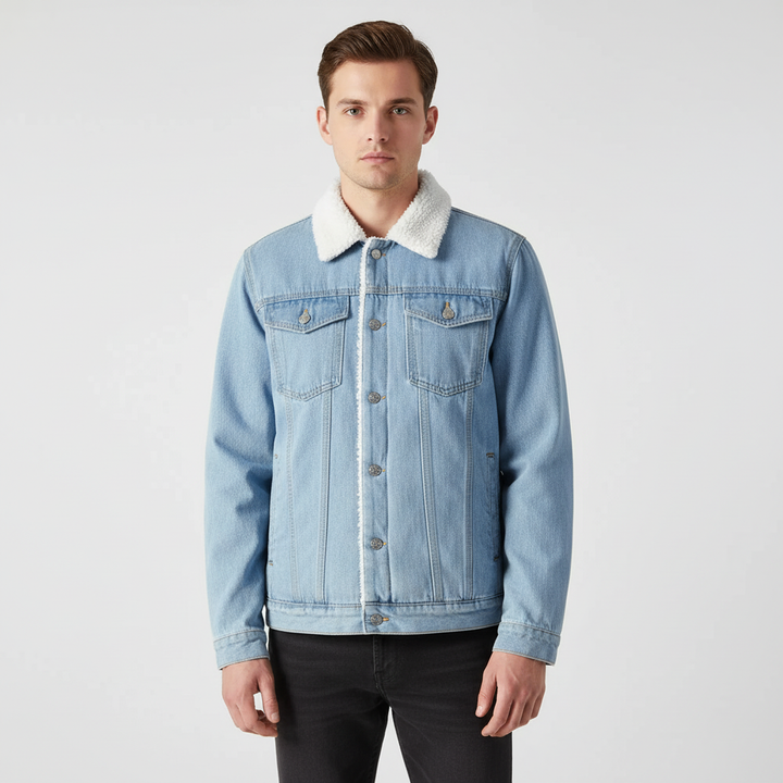 Casual men's button-down denim jacket with cozy fleece lining, ideal outerwear for fall and winter style.