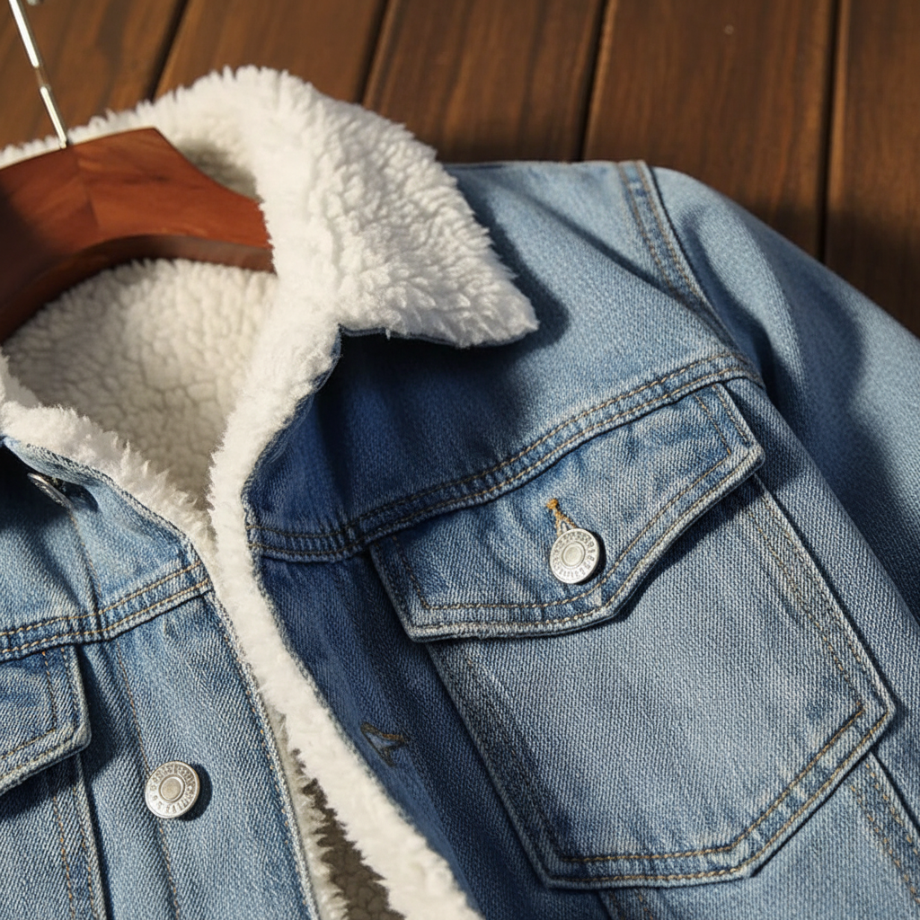 Durable men's denim jacket with soft fleece lining, providing ultimate warmth and comfort for cold winter days.