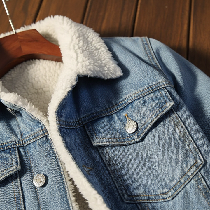Durable men's denim jacket with soft fleece lining, providing ultimate warmth and comfort for cold winter days.