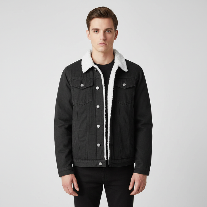 Versatile men's lined denim jacket, a durable and warm outerwear piece for comfortable fall and winter everyday wear.