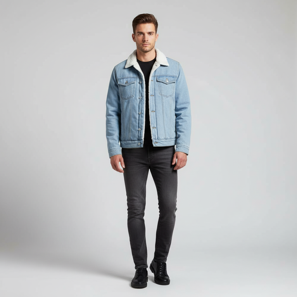 Stylish men's fleece-lined denim jacket, a warm and durable button-down outer layer for cold weather comfort.