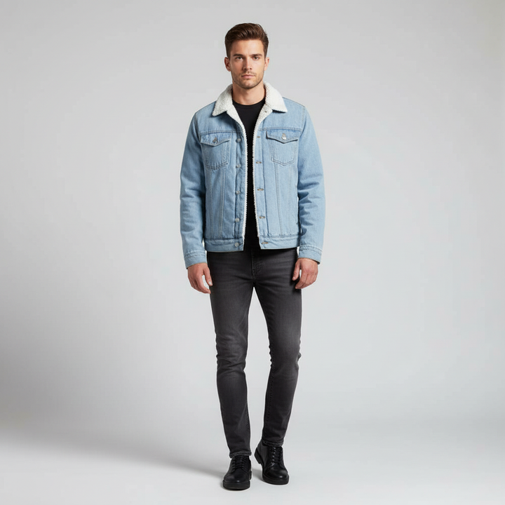 Stylish men's fleece-lined denim jacket, a warm and durable button-down outer layer for cold weather comfort.