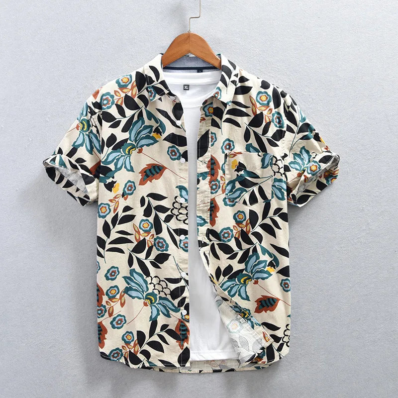 Men's Tokyo Nightfall floral print short sleeve shirt. Stylish casual modern patterned fashion for men.