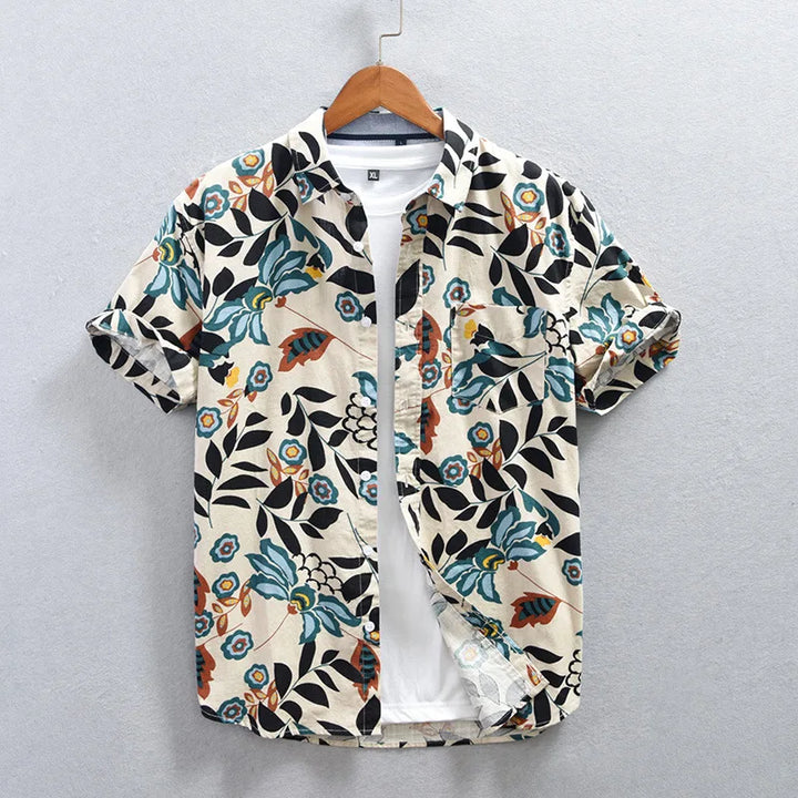 Men's Tokyo Nightfall floral print short sleeve shirt. Stylish casual modern patterned fashion for men.