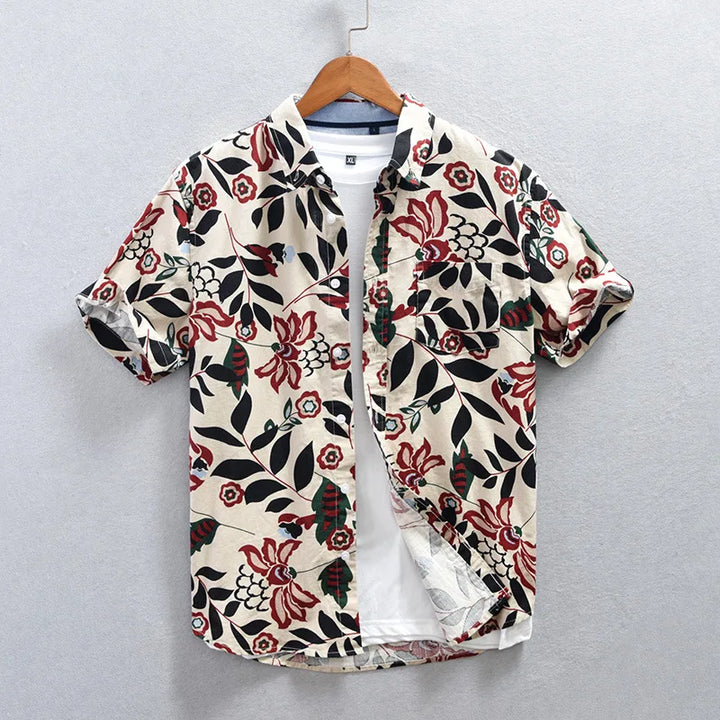 Unique men's short sleeve shirt with Tokyo Nightfall floral pattern. Modern casual fashion for stylish men.