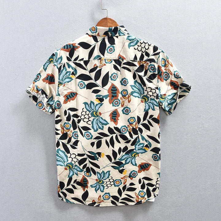 Men's patterned short sleeve shirt featuring a dark Tokyo Nightfall floral print, ideal for casual fashion.