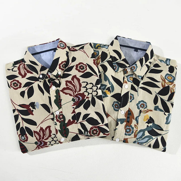 Modern men's shirt with a dark Tokyo Nightfall floral print. Casual short sleeve style, perfect for fashion-forward men.