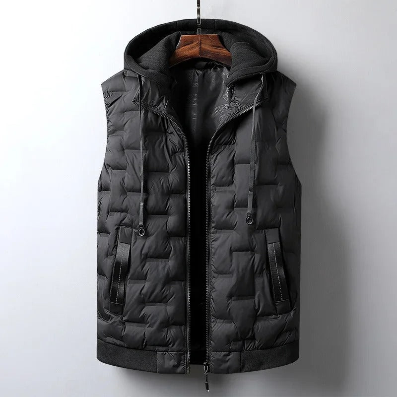 Black men's Trailblazer outdoor vest with a removable hood. Perfect cold weather activewear.
