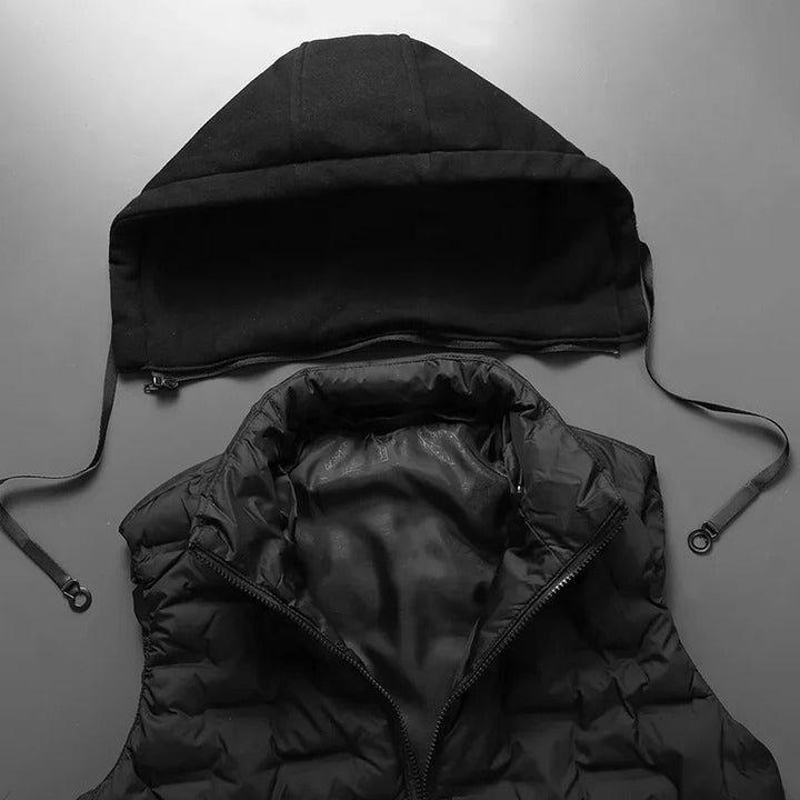Army green men's cold weather vest with a removable hood. Durable Trailblazer activewear for outdoors.