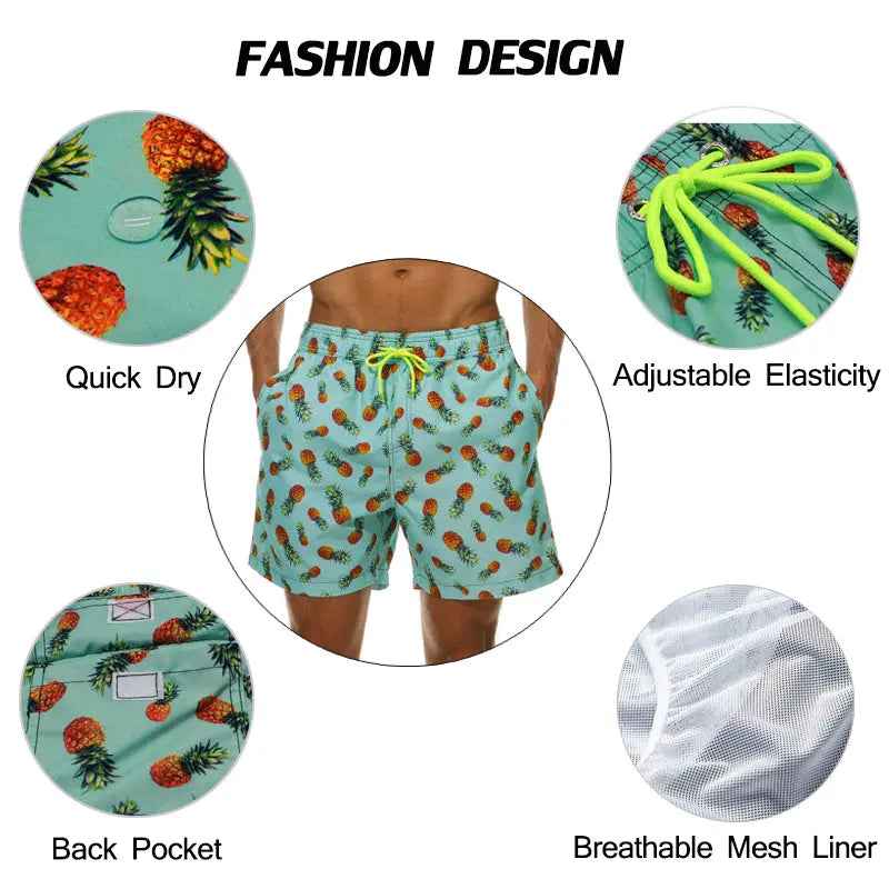 Vibrant men's tropical print swim trunks, pineapple design, for comfortable summer beach days.