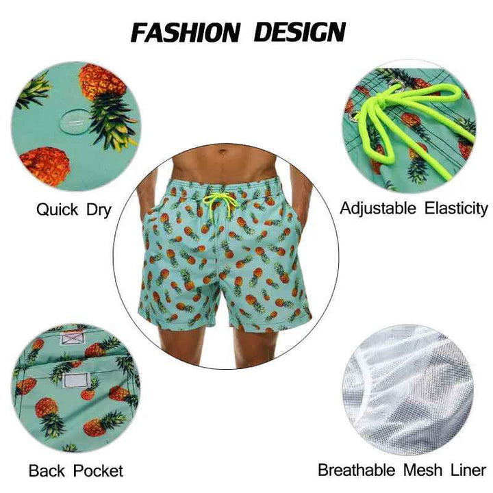 Vibrant men's tropical print swim trunks, pineapple design, for comfortable summer beach days.