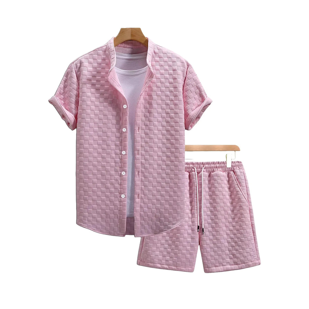Men's two-piece matching shirt & shorts set. Ideal for casual summer wear, beach, or resort fashion.