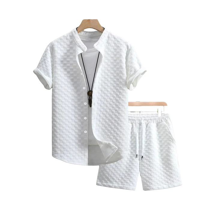 Trendy men's two-piece set featuring a short-sleeve shirt & matching shorts for resort & casual wear.