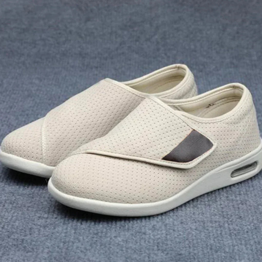 Close-up of adjustable strap on men's comfort diabetic shoes, providing secure fit for sensitive wide feet.