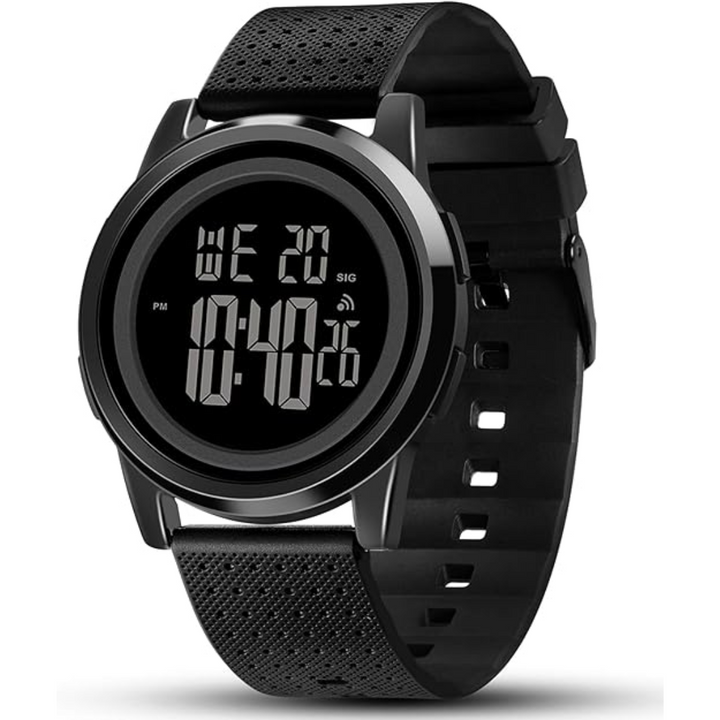 Stainless steel men's ultra-slim digital sports watch with clear LED display.