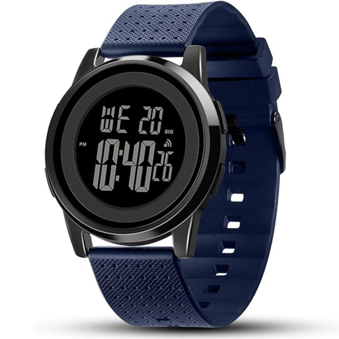 Modern men's LED digital sports watch, slim & waterproof for active men.