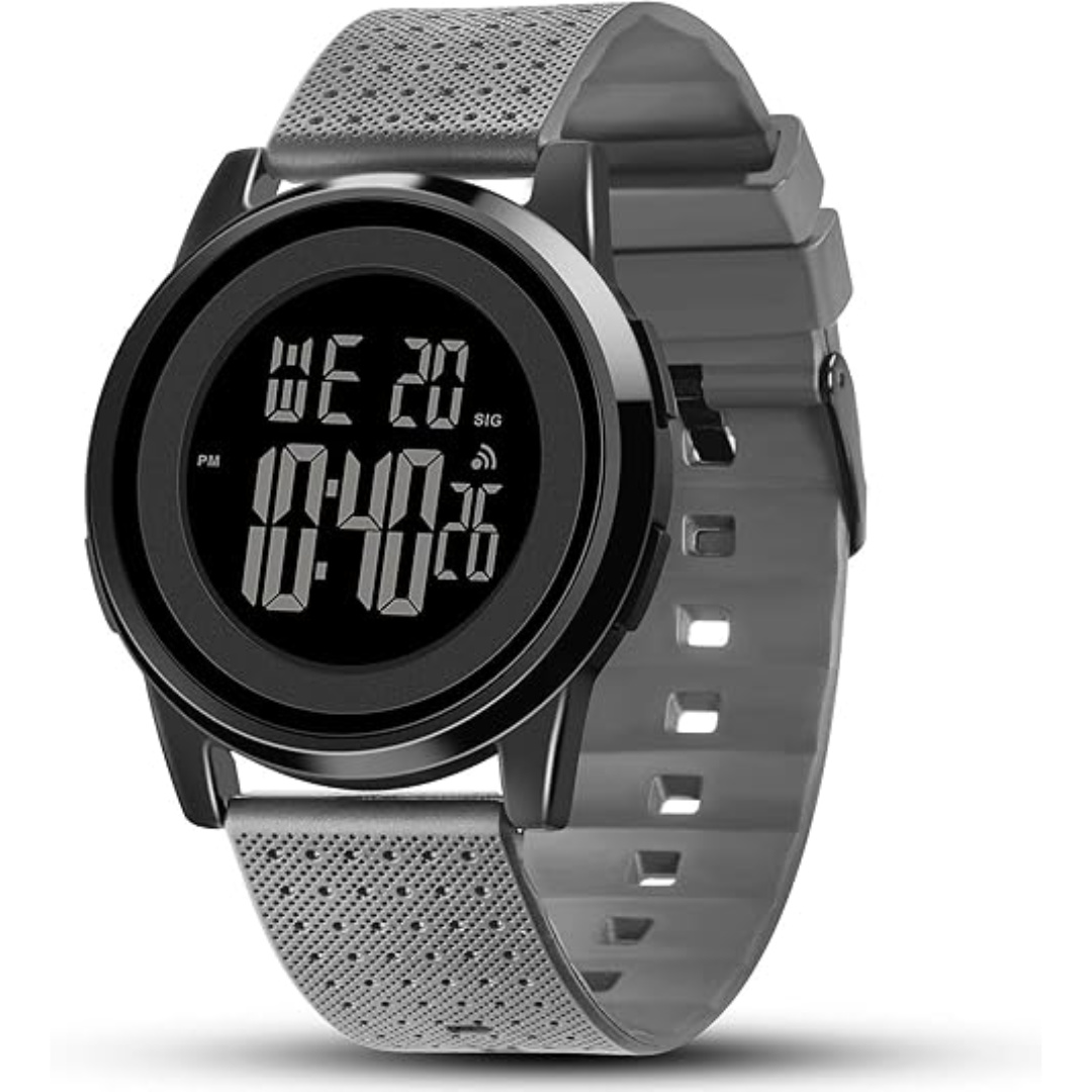 Men's sports digital watch with chronograph, waterproof & ultra-slim for performance tracking.