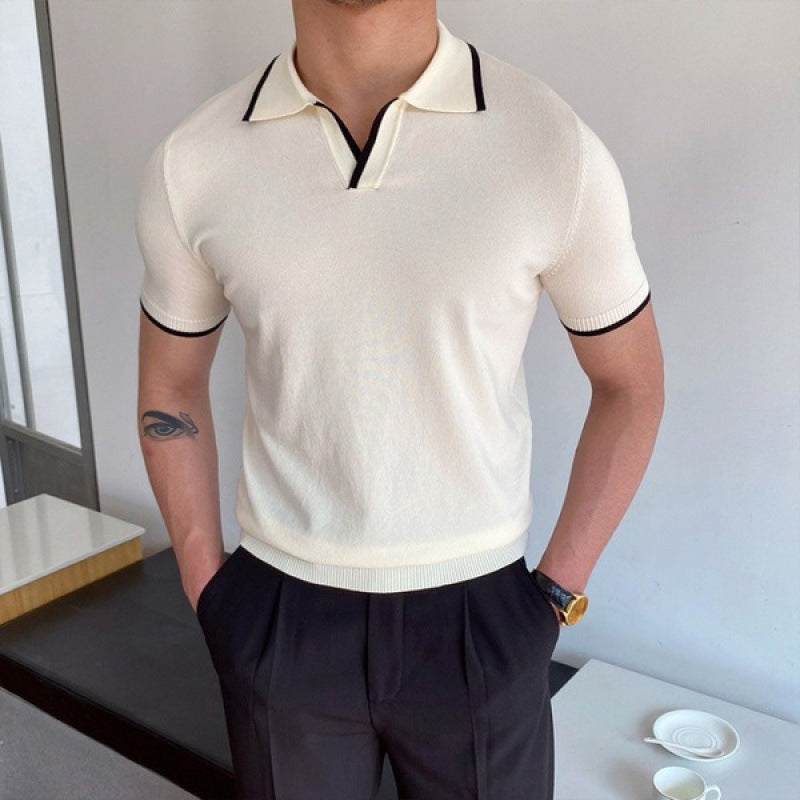 Men's V-collar slim fit polo shirt in a solid color, perfect for a smart casual look. Comfortable short sleeve top.