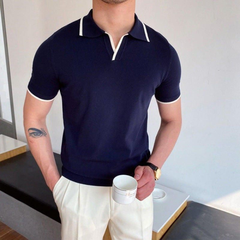 Modern men's slim fit polo with V-collar, ideal for versatile everyday wear. Comfortable short sleeve for a sophisticated style.