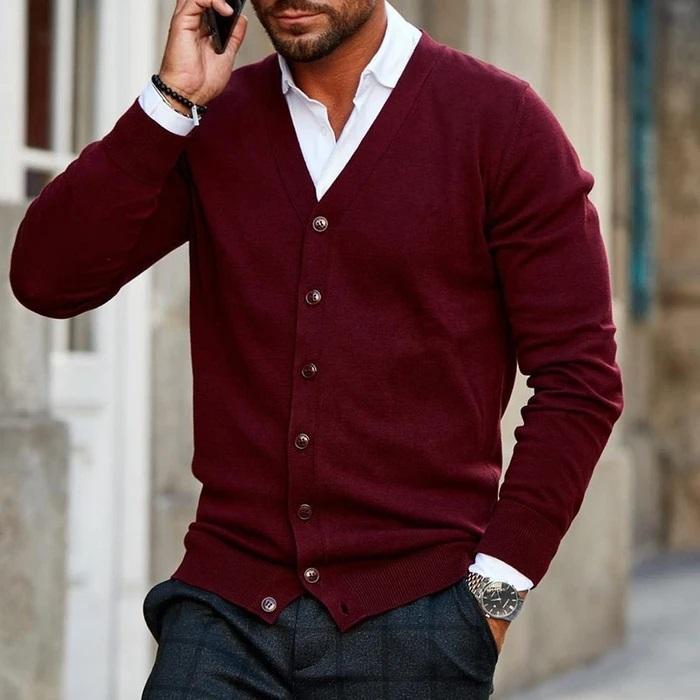 Men's V-Neck Button Cardigan in classic black, perfect for smart casual or business casual layering.
