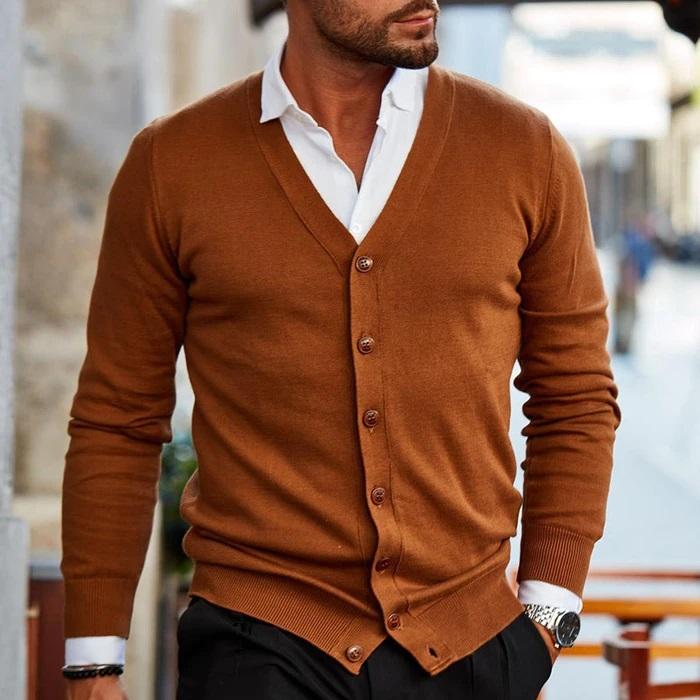Stylish men's V-neck button cardigan, an essential versatile layer for autumn and winter fashion.