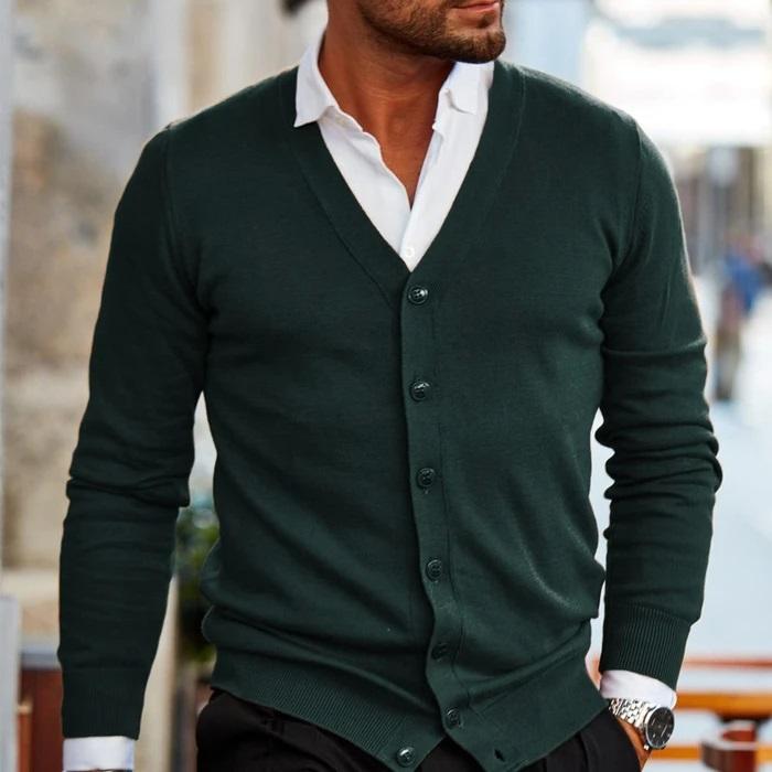 Classic men's V-neck cardigan with buttons, ideal for versatile layering in smart or casual outfits.